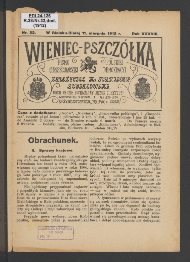 Wieniec-Pszcz&oacute;łka&nbsp;: pismo polskiej chrześcijańskiej demokracyi. Rok&nbsp;38, 1912, numer&nbsp;32