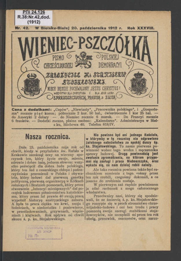 Wieniec-Pszcz&oacute;łka&nbsp;: pismo polskiej chrześcijańskiej demokracyi. Rok&nbsp;38, 1912, numer&nbsp;42