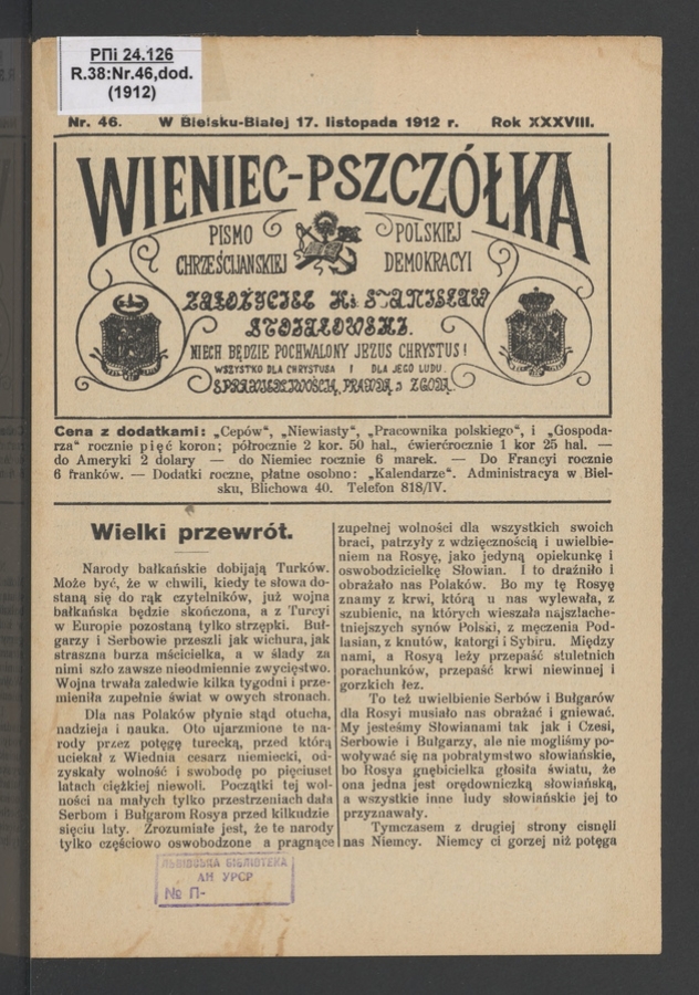 Wieniec-Pszcz&oacute;łka&nbsp;: pismo polskiej chrześcijańskiej demokracyi. Rok&nbsp;38, 1912, numer&nbsp;46