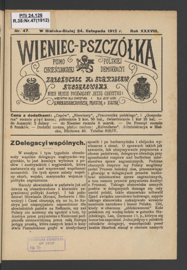 Wieniec-Pszcz&oacute;łka&nbsp;: pismo polskiej chrześcijańskiej demokracyi. Rok&nbsp;38, 1912, numer&nbsp;47