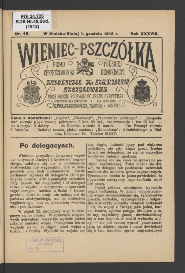 Wieniec-Pszcz&oacute;łka&nbsp;: pismo polskiej chrześcijańskiej demokracyi. Rok&nbsp;38, 1912, numer&nbsp;48