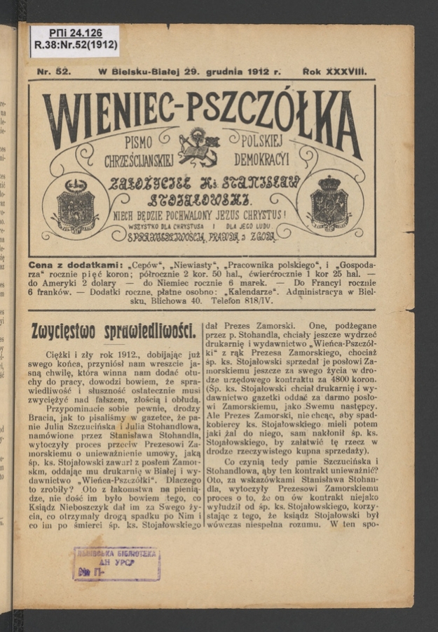 Wieniec-Pszcz&oacute;łka&nbsp;: pismo polskiej chrześcijańskiej demokracyi. Rok&nbsp;38, 1912, numer&nbsp;52
