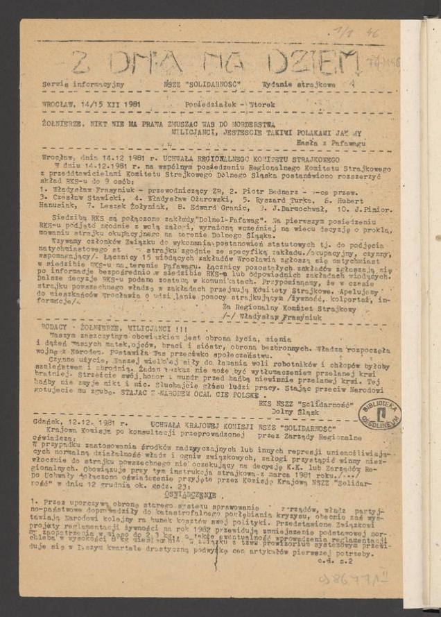 Z&nbsp;Dnia na&nbsp;Dzień&nbsp;: serwis informacyjny NSZZ &bdquo;Solidarność&rdquo;. 1981, numer&nbsp;77 (149), wydanie strajkowe (egzemplarz drugi)