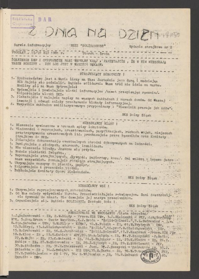Z&nbsp;Dnia na&nbsp;Dzień&nbsp;: serwis informacyjny NSZZ &bdquo;Solidarność&rdquo;. 1981, numer&nbsp;78 (150), wydanie strajkowe numer&nbsp;2