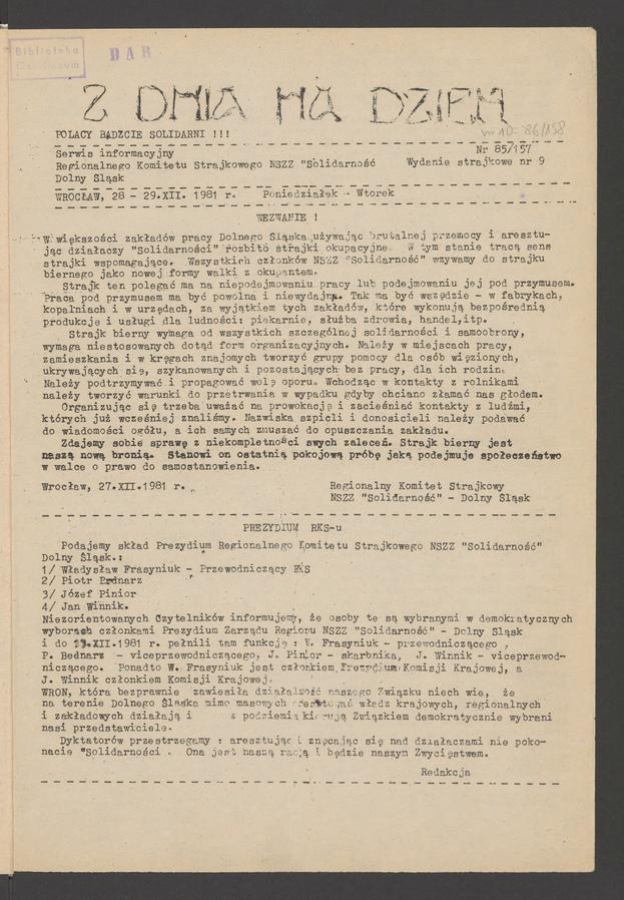 Z&nbsp;Dnia na&nbsp;Dzień&nbsp;: serwis informacyjny Regionalnego Komitetu Strajkowego NSZZ &bdquo;Solidarność&rdquo; Dolny Śląsk. 1981, numer&nbsp;86 (158), wydanie strajkowe numer&nbsp;10