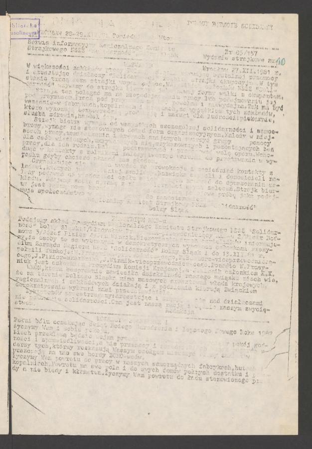 Z&nbsp;Dnia na&nbsp;Dzień&nbsp;: serwis informacyjny Regionalnego Komitetu Strajkowego NSZZ &bdquo;Solidarność&rdquo; Dolny Śląsk. 1981, numer&nbsp;86 (158), wydanie strajkowe numer&nbsp;10 (wersja alternatywna)