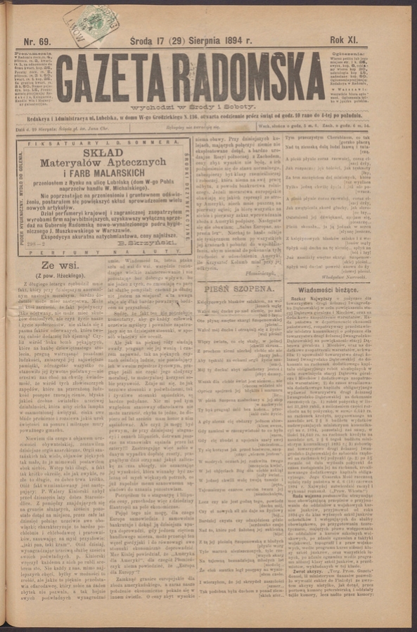 Gazeta Radomska. Rok&nbsp;11, 1894, numer&nbsp;69