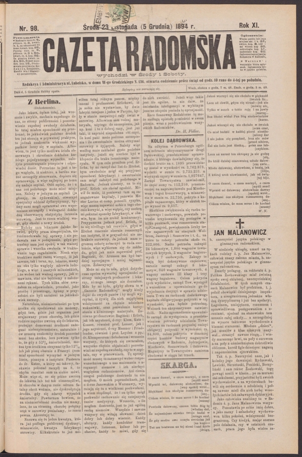 Gazeta Radomska. Rok&nbsp;11, 1894, numer&nbsp;98