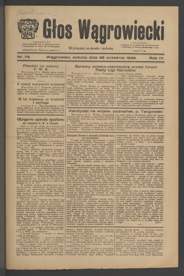 Głos Wągrowiecki. Rok 4, 1929, numer 75