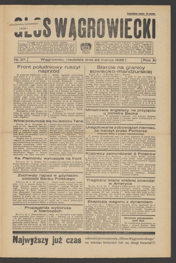 Głos Wągrowiecki. Rok&nbsp;11, 1936, numer&nbsp;37