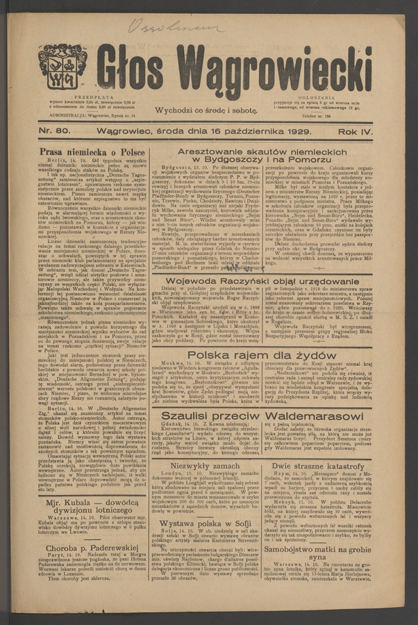 Głos Wągrowiecki. Rok 4, 1929, numer 80