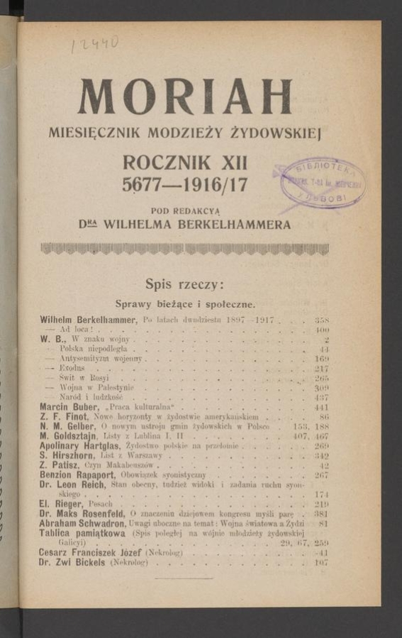 Moriah&nbsp;: miesięcznik młodzieży żydowskiej. Rocznik&nbsp;12, 1916, spis rzeczy