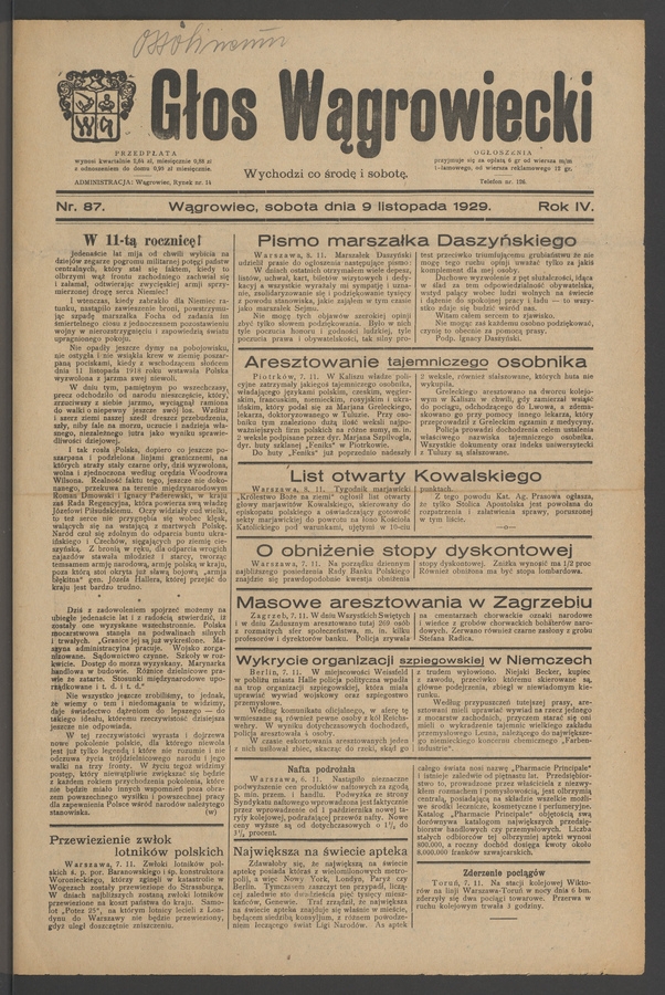 Głos Wągrowiecki. Rok 4, 1929, numer 87
