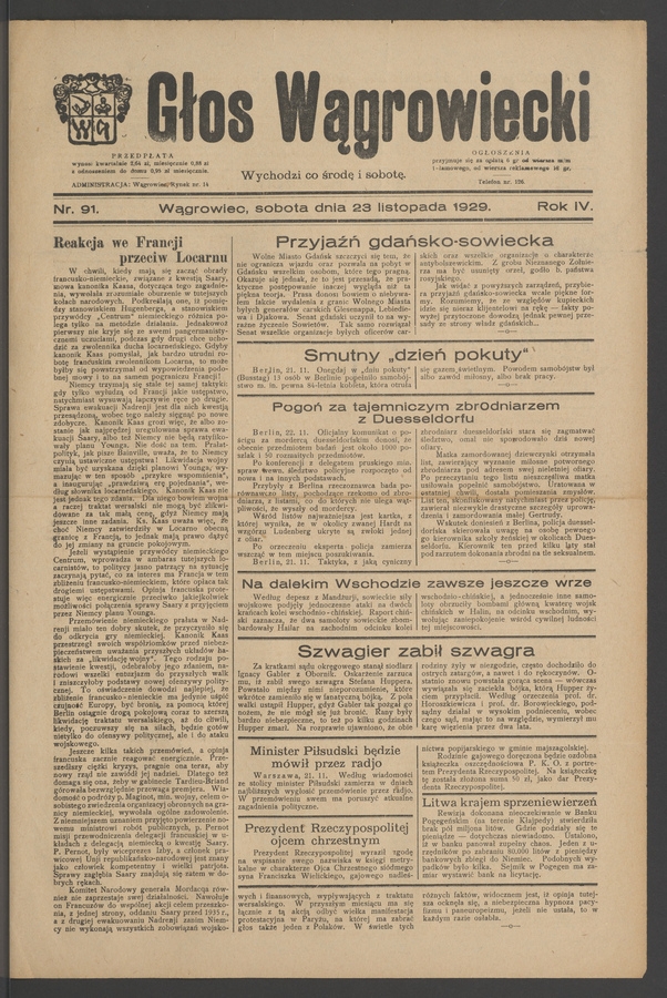 Głos Wągrowiecki. Rok 4, 1929, numer 91