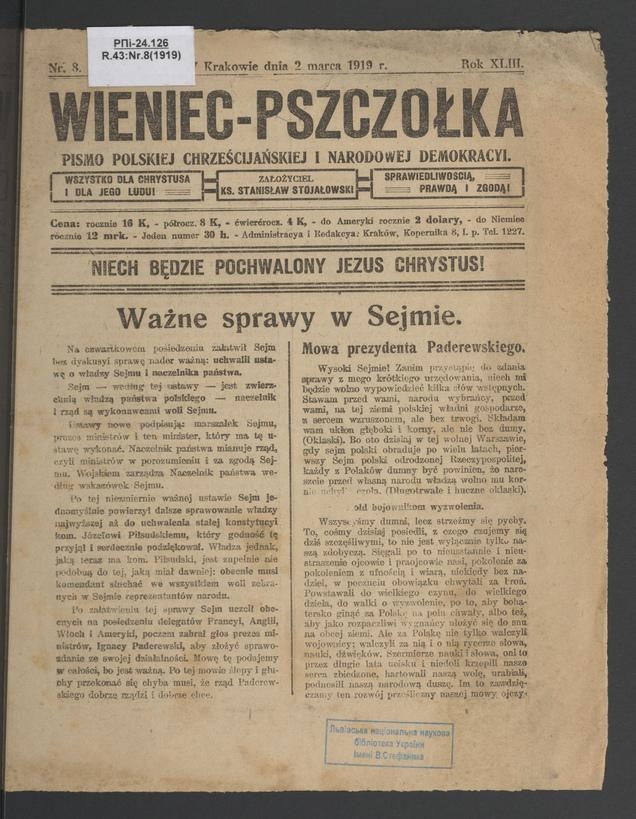 Wieniec-Pszczółka : pismo polskiej chrześcijańskiej i narodowej demokracyi. Rok 43, 1919, numer 8