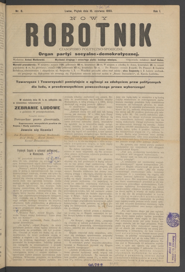 Nowy Robotnik : czasopismo polityczno-społeczne : organ partyi socyalno-demokratycznej. Rok 1, 1893, numer 8
