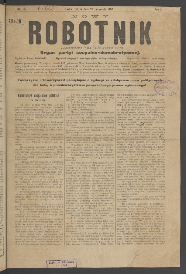 Nowy Robotnik : czasopismo polityczno-społeczne : organ partyi socyalno-demokratycznej. Rok 1, 1893, numer 15