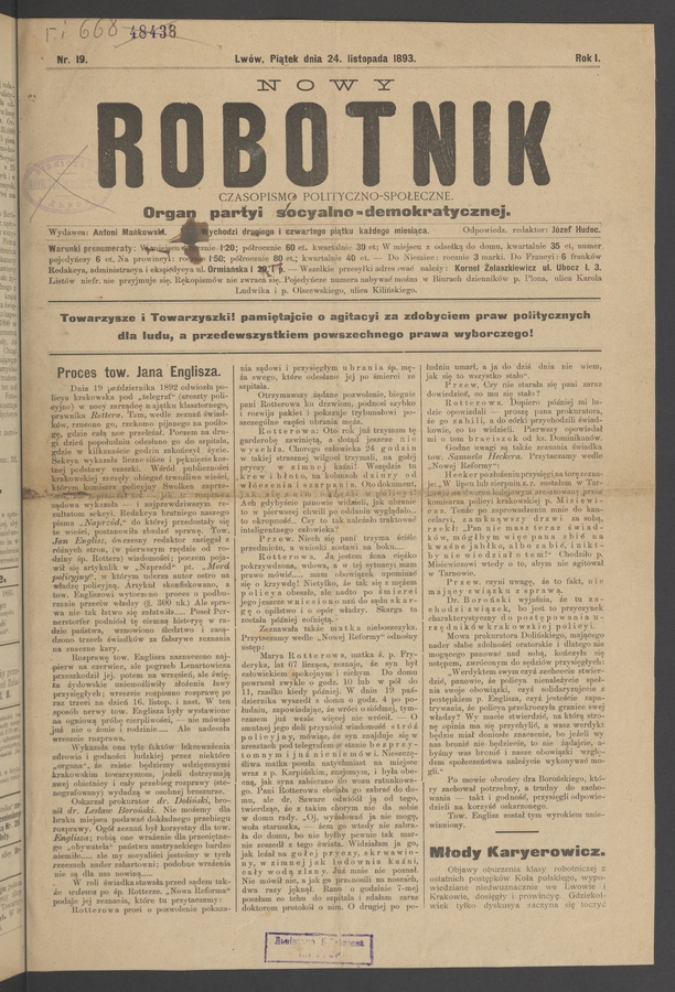 Nowy Robotnik : czasopismo polityczno-społeczne : organ partyi socyalno-demokratycznej. Rok 1, 1893, numer 19