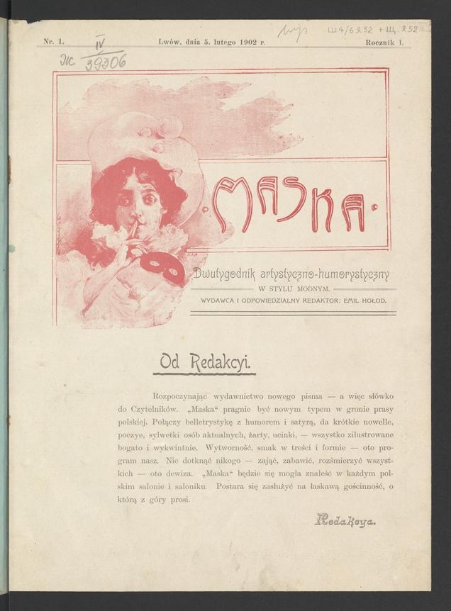 Maska&nbsp;: dwutygodnik artystyczno-humorystyczny w&nbsp;stylu modnym. Rocznik&nbsp;1, 1902, numer&nbsp;1