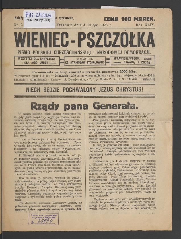 Wieniec-Pszczółka : pismo polskiej chrześcijańskiej i narodowej demokracji. Rok 49, 1923, numer 2