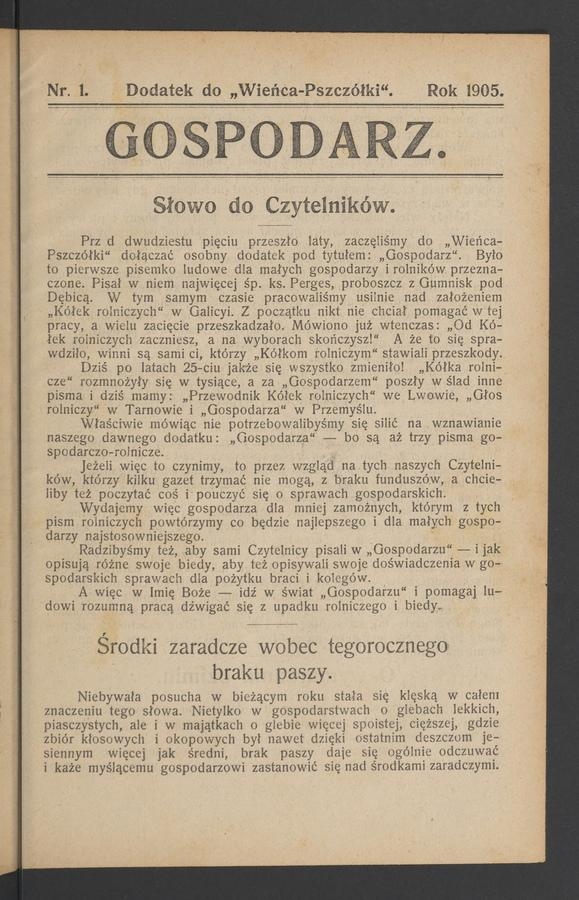 Gospodarz : dodatek do „Wieńca-Pszczółki”. 1905, numer 1