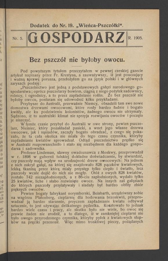 Gospodarz : dodatek do numeru 19 „Wieńca-Pszczółki”. 1905, numer 5