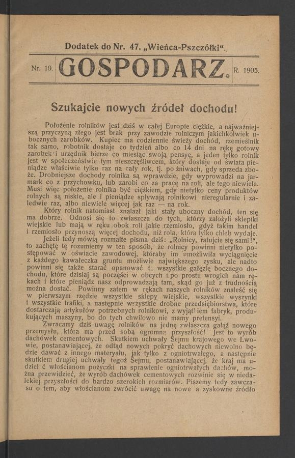 Gospodarz : dodatek do numeru 47 „Wieńca-Pszczółki”. 1905, numer 10