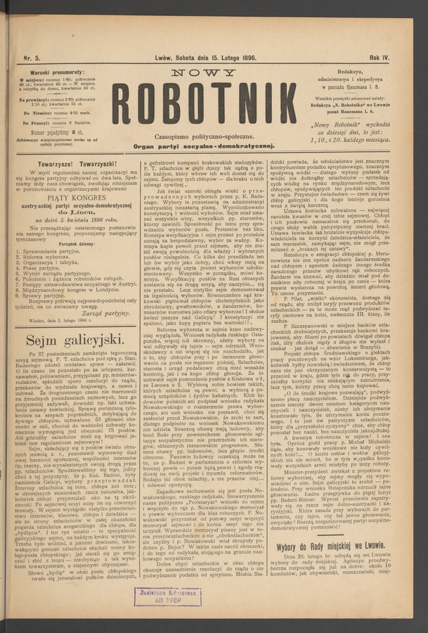 Nowy Robotnik : czasopismo polityczno-społeczne : organ partyi socyalno-demokratycznej. Rok 4, 1896, numer 5