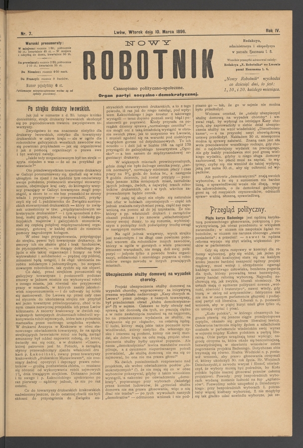 Nowy Robotnik : czasopismo polityczno-społeczne : organ partyi socyalno-demokratycznej. Rok 4, 1896, numer 7
