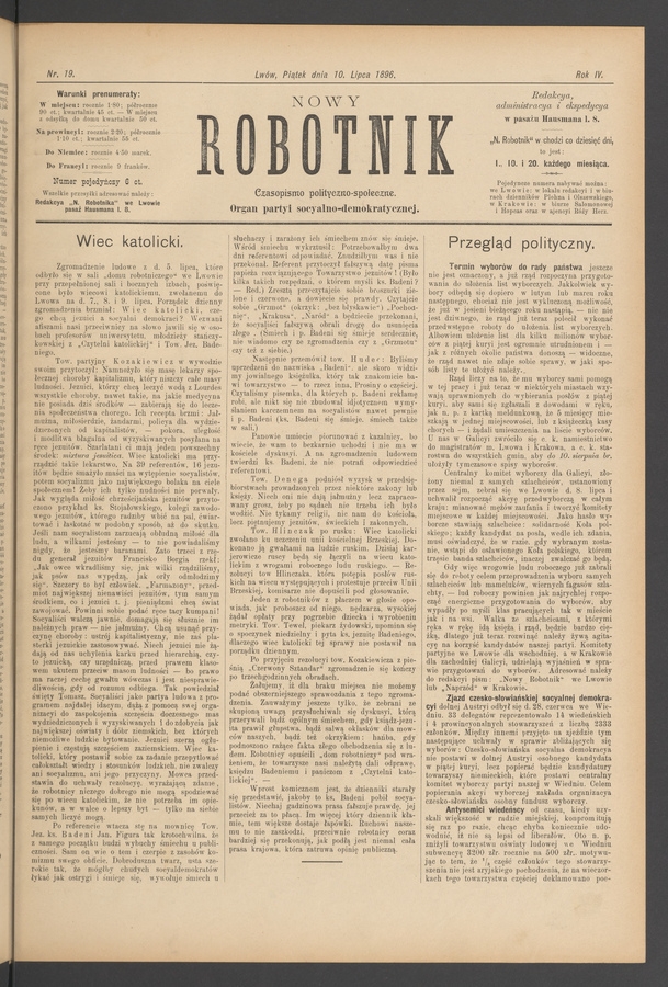 Nowy Robotnik : czasopismo polityczno-społeczne : organ partyi socyalno-demokratycznej. Rok 4, 1896, numer 19