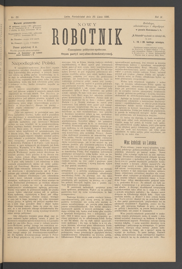 Nowy Robotnik : czasopismo polityczno-społeczne : organ partyi socyalno-demokratycznej. Rok 4, 1896, numer 20