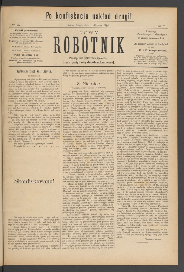 Nowy Robotnik : czasopismo polityczno-społeczne : organ partyi socyalno-demokratycznej. Rok 4, 1896, numer 21 (po konfiskacie nakład drugi)