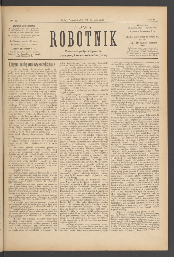 Nowy Robotnik : czasopismo polityczno-społeczne : organ partyi socyalno-demokratycznej. Rok 4, 1896, numer 23