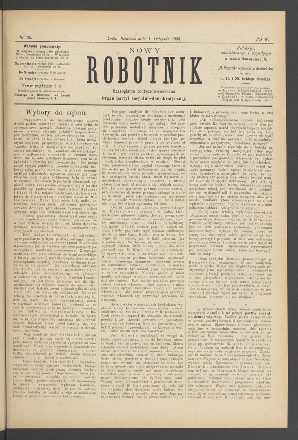 Nowy Robotnik&nbsp;: czasopismo polityczno-społeczne&nbsp;: organ partyi socyalno-demokratycznej. Rok&nbsp;4, 1896, numer&nbsp;30