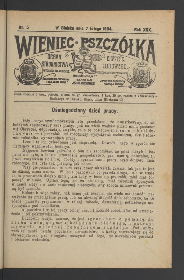 Wieniec-Pszcz&oacute;łka&nbsp;: organ Stronnictwa Chrześcijańsko-Ludowego. Rok&nbsp;30, 1904, numer&nbsp;5