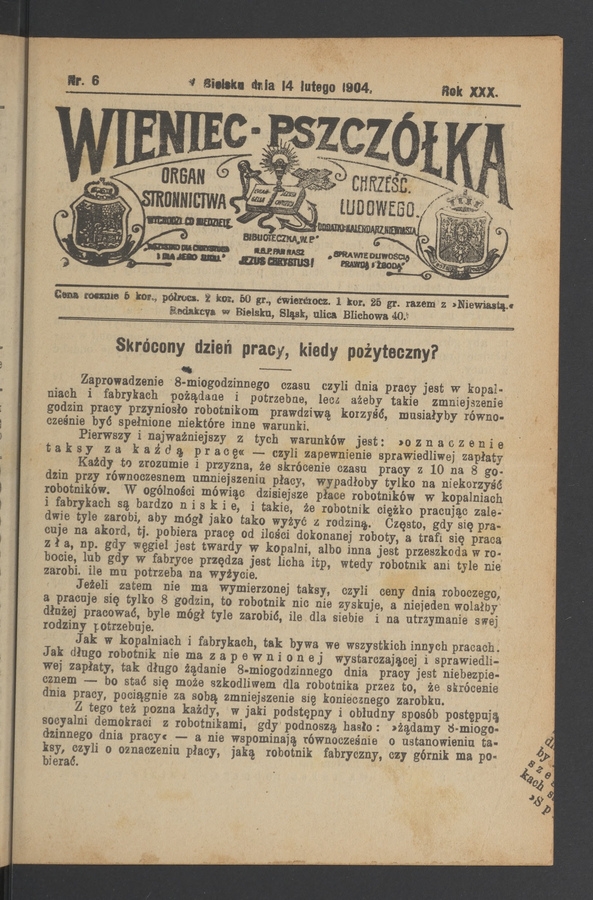 Wieniec-Pszczółka : organ Stronnictwa Chrześcijańsko-Ludowego. Rok 30, 1904, numer 6
