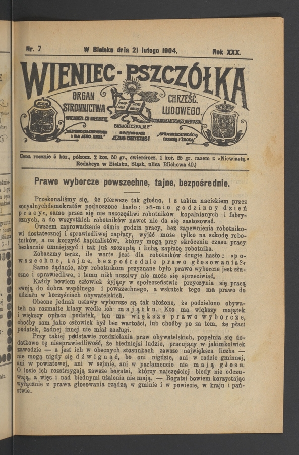 Wieniec-Pszczółka : organ Stronnictwa Chrześcijańsko-Ludowego. Rok 30, 1904, numer 7