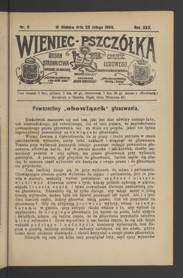 Wieniec-Pszczółka : organ Stronnictwa Chrześcijańsko-Ludowego. Rok 30, 1904, numer 8