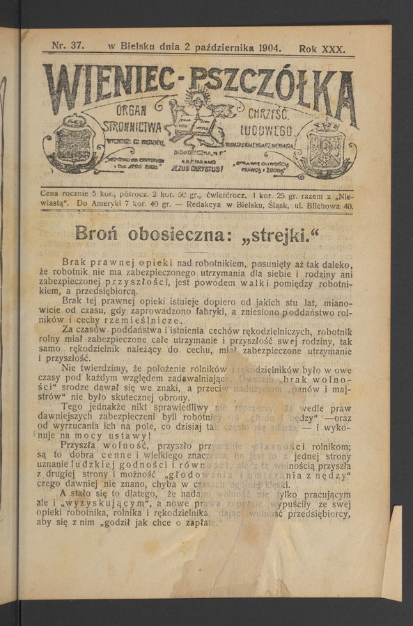 Wieniec-Pszcz&oacute;łka&nbsp;: organ Stronnictwa Chrześcijańsko-Ludowego. Rok&nbsp;30, 1904, numer&nbsp;37