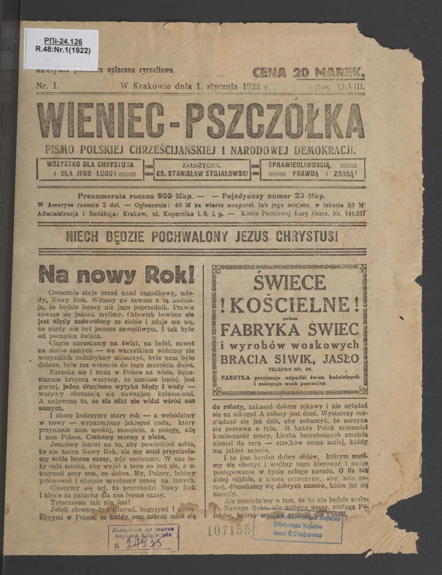 Wieniec-Pszczółka : pismo polskiej chrześcijańskiej i narodowej demokracji. Rok 48, 1922, numer 1