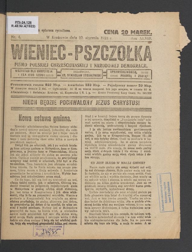 Wieniec-Pszczółka : pismo polskiej chrześcijańskiej i narodowej demokracji. Rok 48, 1922, numer 4