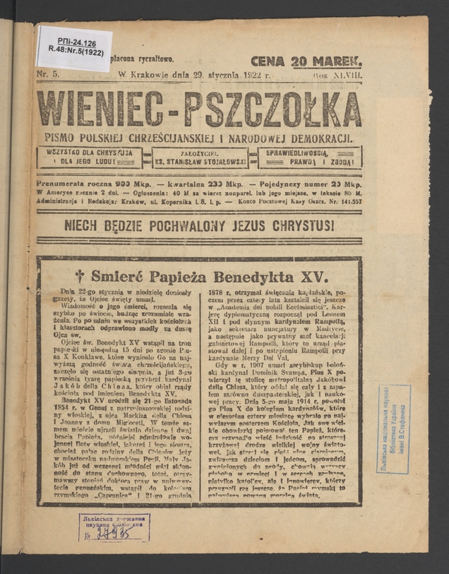 Wieniec-Pszczółka : pismo polskiej chrześcijańskiej i narodowej demokracji. Rok 48, 1922, numer 5
