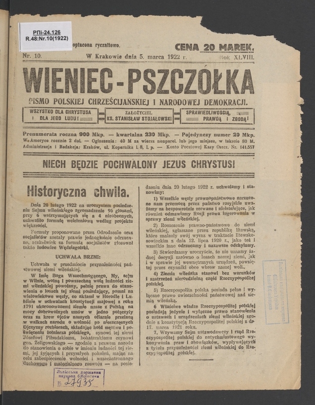 Wieniec-Pszczółka : pismo polskiej chrześcijańskiej i narodowej demokracji. Rok 48, 1922, numer 10