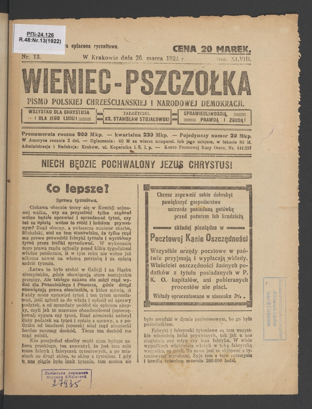 Wieniec-Pszczółka : pismo polskiej chrześcijańskiej i narodowej demokracji. Rok 48, 1922, numer 13