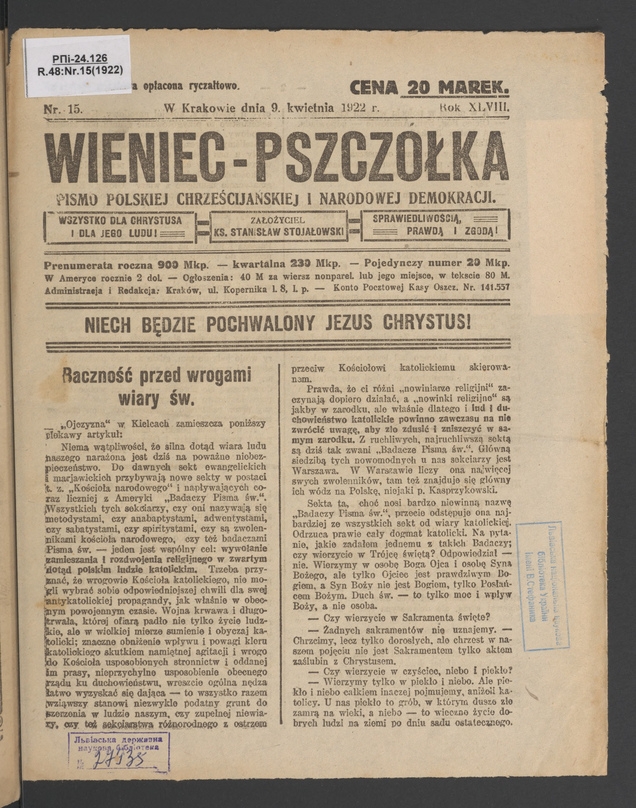 Wieniec-Pszczółka : pismo polskiej chrześcijańskiej i narodowej demokracji. Rok 48, 1922, numer 15