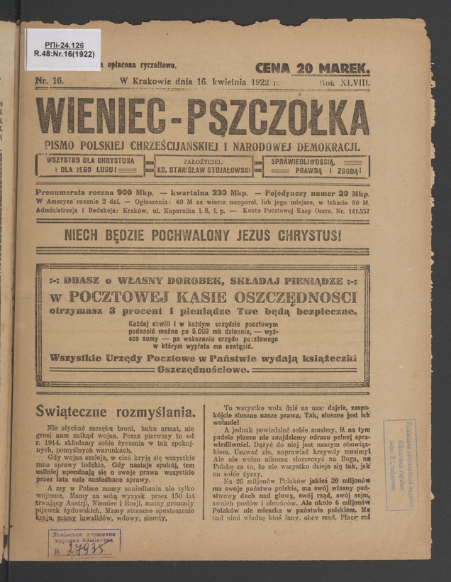 Wieniec-Pszczółka : pismo polskiej chrześcijańskiej i narodowej demokracji. Rok 48, 1922, numer 16