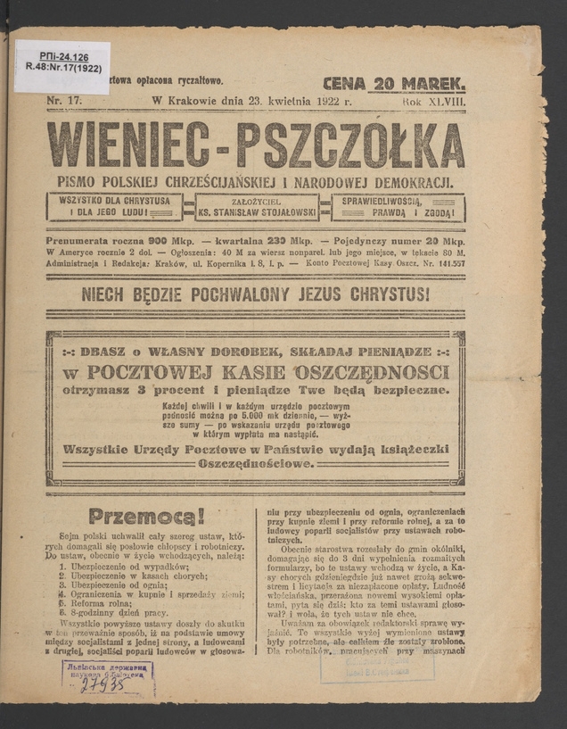 Wieniec-Pszczółka : pismo polskiej chrześcijańskiej i narodowej demokracji. Rok 48, 1922, numer 17