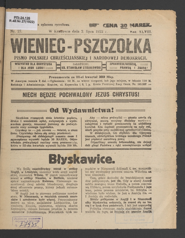 Wieniec-Pszczółka : pismo polskiej chrześcijańskiej i narodowej demokracji. Rok 48, 1922, numer 27