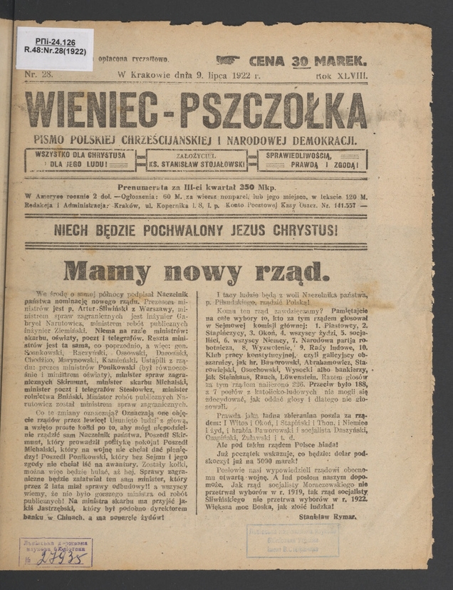 Wieniec-Pszczółka : pismo polskiej chrześcijańskiej i narodowej demokracji. Rok 48, 1922, numer 28