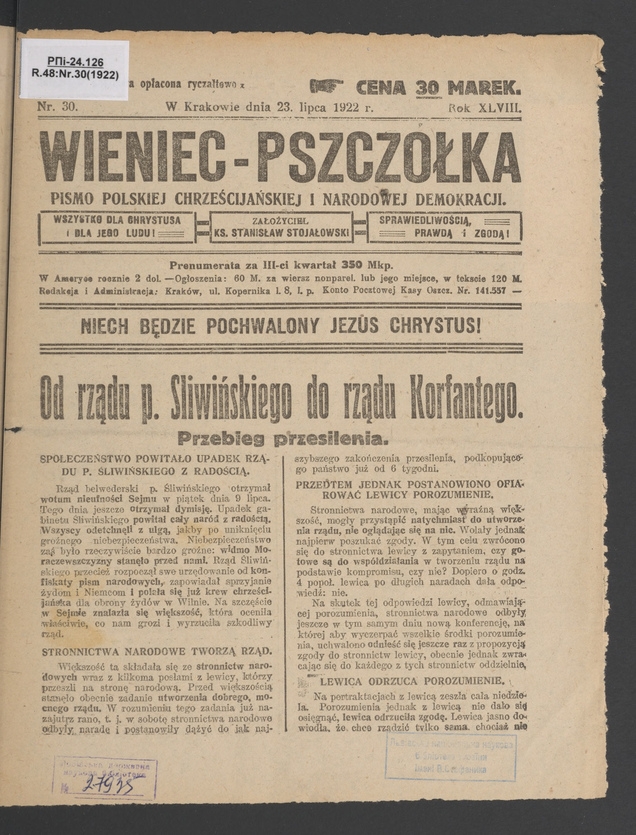 Wieniec-Pszczółka : pismo polskiej chrześcijańskiej i narodowej demokracji. Rok 48, 1922, numer 30